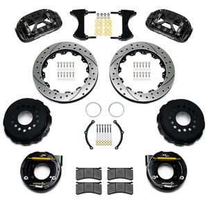 Wilwood Forged XRS4R Big Brake Rear Parking Brake Kit Parts Laid Out - Black Powder Coat Caliper - SRP Drilled & Slotted Rotor