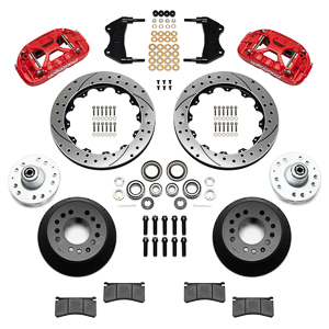 Wilwood Forged XRS6R Big Brake Front Brake Kit (Hub) Parts Laid Out - Red Powder Coat Caliper - SRP Drilled & Slotted Rotor