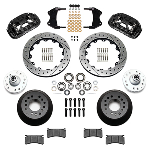 Wilwood Forged XRS6R Big Brake Front Brake Kit (Hub) Parts Laid Out - Black Powder Coat Caliper - SRP Drilled & Slotted Rotor