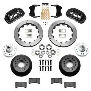 Wilwood Forged XRS6R Big Brake Front Brake Kit (Hub) Parts Laid Out - Black Powder Coat Caliper - GT Slotted Rotor