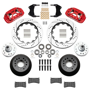 Wilwood Forged XRS6R Big Brake Front Brake Kit (Hub) Parts Laid Out - Red Powder Coat Caliper - SRP Drilled & Slotted Rotor