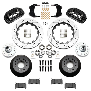 Wilwood Forged XRS6R Big Brake Front Brake Kit (Hub) Parts Laid Out - Black Powder Coat Caliper - SRP Drilled & Slotted Rotor