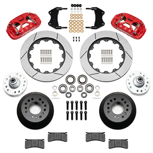 Wilwood Forged XRS6R Big Brake Front Brake Kit (Hub) Parts Laid Out - Red Powder Coat Caliper - GT Slotted Rotor