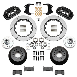 Wilwood Forged XRS6R Big Brake Front Brake Kit (Hub) Parts Laid Out - Black Powder Coat Caliper - GT Slotted Rotor