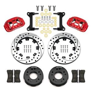 Wilwood Forged XRS6R Big Brake Front Brake Kit (Hat) Parts Laid Out - Red Powder Coat Caliper - SRP Drilled & Slotted Rotor