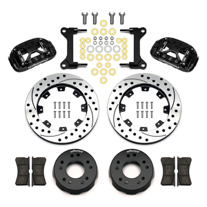 Wilwood Forged XRS6R Big Brake Front Brake Kit (Hat) Parts Laid Out - Black Powder Coat Caliper - SRP Drilled & Slotted Rotor