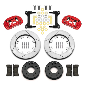 Wilwood Forged XRS6R Big Brake Front Brake Kit (Hat) Parts Laid Out - Red Powder Coat Caliper - GT Slotted Rotor