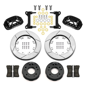 Wilwood Forged XRS6R Big Brake Front Brake Kit (Hat) Parts Laid Out - Black Powder Coat Caliper - GT Slotted Rotor