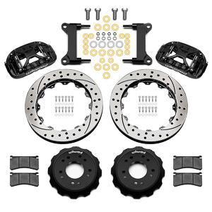 Wilwood Forged XRS6R Big Brake Front Brake Kit (Hat) Parts Laid Out - Black Powder Coat Caliper - SRP Drilled & Slotted Rotor