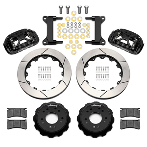 Wilwood Forged XRS6R Big Brake Front Brake Kit (Hat) Parts Laid Out - Black Powder Coat Caliper - GT Slotted Rotor