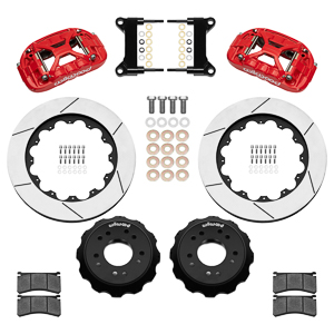 Wilwood Forged XRS6R Big Brake Front Brake Kit (Hat) Parts Laid Out - Red Powder Coat Caliper - GT Slotted Rotor