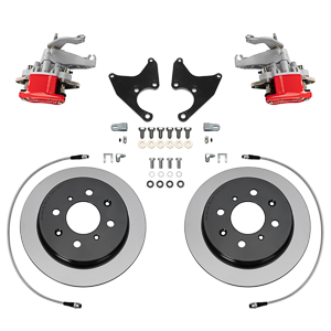 Wilwood HM7 Parking Brake Caliper Rear Brake Kit Parts Laid Out - Red Powder Coat Caliper - Plain Face Rotor