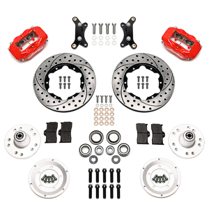 Wilwood Forged Dynalite Pro Series Front Brake Kit Parts Laid Out - Red Powder Coat Caliper - SRP Drilled & Slotted Rotor