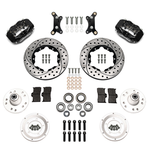 Wilwood Forged Dynalite Pro Series Front Brake Kit Parts Laid Out - Black Powder Coat Caliper - SRP Drilled & Slotted Rotor