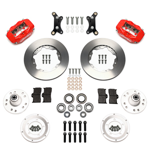 Wilwood Forged Dynalite Pro Series Front Brake Kit Parts Laid Out - Red Powder Coat Caliper - Plain Face Rotor