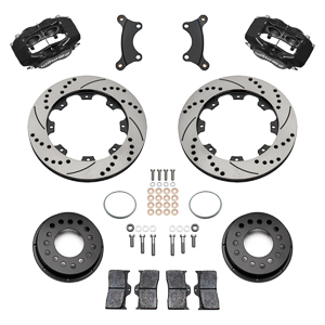 Wilwood Forged Dynalite Big Brake Front Brake Kit (Hat) Parts Laid Out - Black Powder Coat Caliper - SRP Drilled & Slotted Rotor