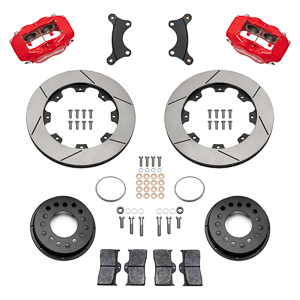 Wilwood Forged Dynalite Big Brake Front Brake Kit (Hat) Parts Laid Out - Red Powder Coat Caliper - GT Slotted Rotor