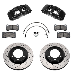 Wilwood AERO6-DM Direct-Mount Truck Front Brake Kit Parts Laid Out - Black Powder Coat Caliper - SRP Drilled & Slotted Rotor