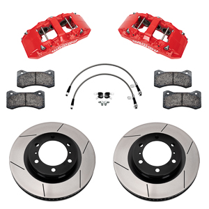 Wilwood AERO6-DM Direct-Mount Truck Front Brake Kit Parts Laid Out - Red Powder Coat Caliper - GT Slotted Rotor