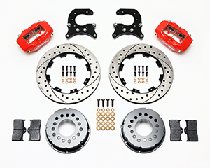 Wilwood Forged Dynalite Pro Series Rear Brake Kit Parts Laid Out - Red Powder Coat Caliper - SRP Drilled & Slotted Rotor