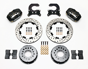 Wilwood Forged Dynalite Pro Series Rear Brake Kit Parts Laid Out - Black Powder Coat Caliper - SRP Drilled & Slotted Rotor