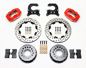 Wilwood Forged Dynalite Pro Series Rear Brake Kit Parts Laid Out - Red Powder Coat Caliper - SRP Drilled & Slotted Rotor