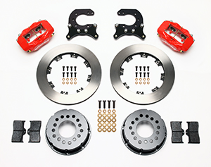 Wilwood Forged Dynalite Pro Series Rear Brake Kit Parts Laid Out - Red Powder Coat Caliper - Plain Face Rotor