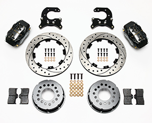 Wilwood Forged Dynalite Pro Series Rear Brake Kit Parts Laid Out - Black Powder Coat Caliper - SRP Drilled & Slotted Rotor