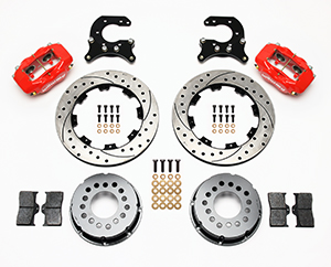 Wilwood Forged Dynalite Pro Series Rear Brake Kit Parts Laid Out - Red Powder Coat Caliper - SRP Drilled & Slotted Rotor