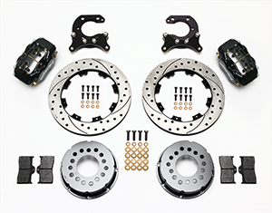 Wilwood Forged Dynalite Pro Series Rear Brake Kit Parts Laid Out - Black Powder Coat Caliper - SRP Drilled & Slotted Rotor