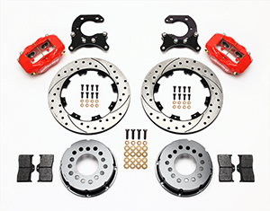 Wilwood Forged Dynalite Pro Series Rear Brake Kit Parts Laid Out - Red Powder Coat Caliper - SRP Drilled & Slotted Rotor