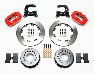 Wilwood Forged Dynalite Pro Series Rear Brake Kit Parts Laid Out - Red Powder Coat Caliper - Plain Face Rotor