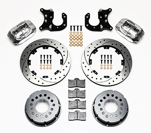 Wilwood Forged Dynalite Pro Series Rear Brake Kit Parts Laid Out - Polish Caliper - SRP Drilled & Slotted Rotor