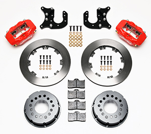 Wilwood Forged Dynalite Pro Series Rear Brake Kit Parts Laid Out - Red Powder Coat Caliper - Plain Face Rotor