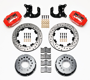 Wilwood Forged Dynalite Pro Series Rear Brake Kit Parts Laid Out - Red Powder Coat Caliper - SRP Drilled & Slotted Rotor