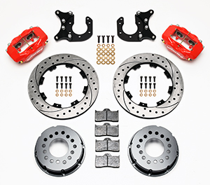 Wilwood Forged Dynalite Pro Series Rear Brake Kit Parts Laid Out - Red Powder Coat Caliper - SRP Drilled & Slotted Rotor