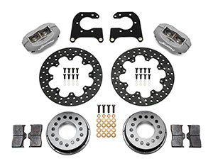 Wilwood Forged Dynalite Rear Drag Brake Kit Parts Laid Out - Type III Anodize Caliper - Drilled Rotor