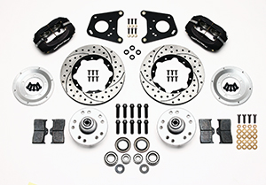 Wilwood Forged Dynalite Pro Series Front Brake Kit Parts Laid Out - Type III Ano Caliper - SRP Drilled & Slotted Rotor