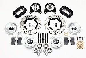 Wilwood Forged Dynalite Pro Series Front Brake Kit Parts Laid Out - Type III Anodize Caliper - SRP Drilled & Slotted Rotor