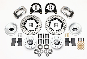 Wilwood Forged Dynalite Pro Series Front Brake Kit Parts Laid Out - Polish Caliper - SRP Drilled & Slotted Rotor