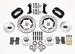 Wilwood Forged Dynalite Pro Series Front Brake Kit Parts Laid Out - Type III Anodize Caliper - SRP Drilled & Slotted Rotor