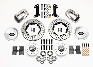 Wilwood Forged Dynalite Pro Series Front Brake Kit Parts Laid Out - Polish Caliper - SRP Drilled & Slotted Rotor