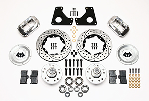 Wilwood Forged Dynalite Pro Series Front Brake Kit Parts Laid Out - Polish Caliper - SRP Drilled & Slotted Rotor