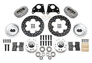 Wilwood Forged Dynalite Front Drag Brake Kit Parts Laid Out - Type III Anodize Caliper - Drilled Rotor