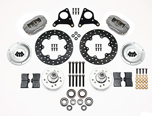 Wilwood Forged Dynalite Front Drag Brake Kit Parts Laid Out - Type III Anodize Caliper - Drilled Rotor