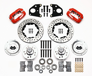 Wilwood Forged Dynalite Pro Series Front Brake Kit Parts Laid Out - Red Powder Coat Caliper - SRP Drilled & Slotted Rotor