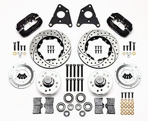 Wilwood Forged Dynalite Pro Series Front Brake Kit Parts Laid Out - Type III Anodize Caliper - SRP Drilled & Slotted Rotor