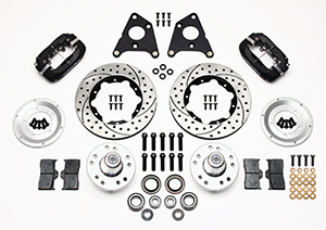 Wilwood Forged Dynalite Pro Series Front Brake Kit Parts Laid Out - Type III Anodize Caliper - SRP Drilled & Slotted Rotor