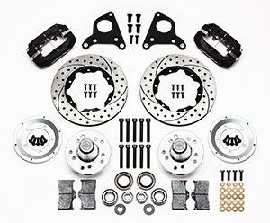 Wilwood Forged Dynalite Pro Series Front Brake Kit Parts Laid Out - Type III Anodize Caliper - SRP Drilled & Slotted Rotor