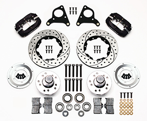 Wilwood Forged Dynalite Pro Series Front Brake Kit Parts Laid Out - Type III Anodize Caliper - SRP Drilled & Slotted Rotor